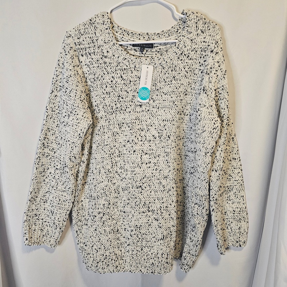 Love Ellie Womens 1X Marled‎ Knit Pullover Sweater Black White Chenille Soft NWT